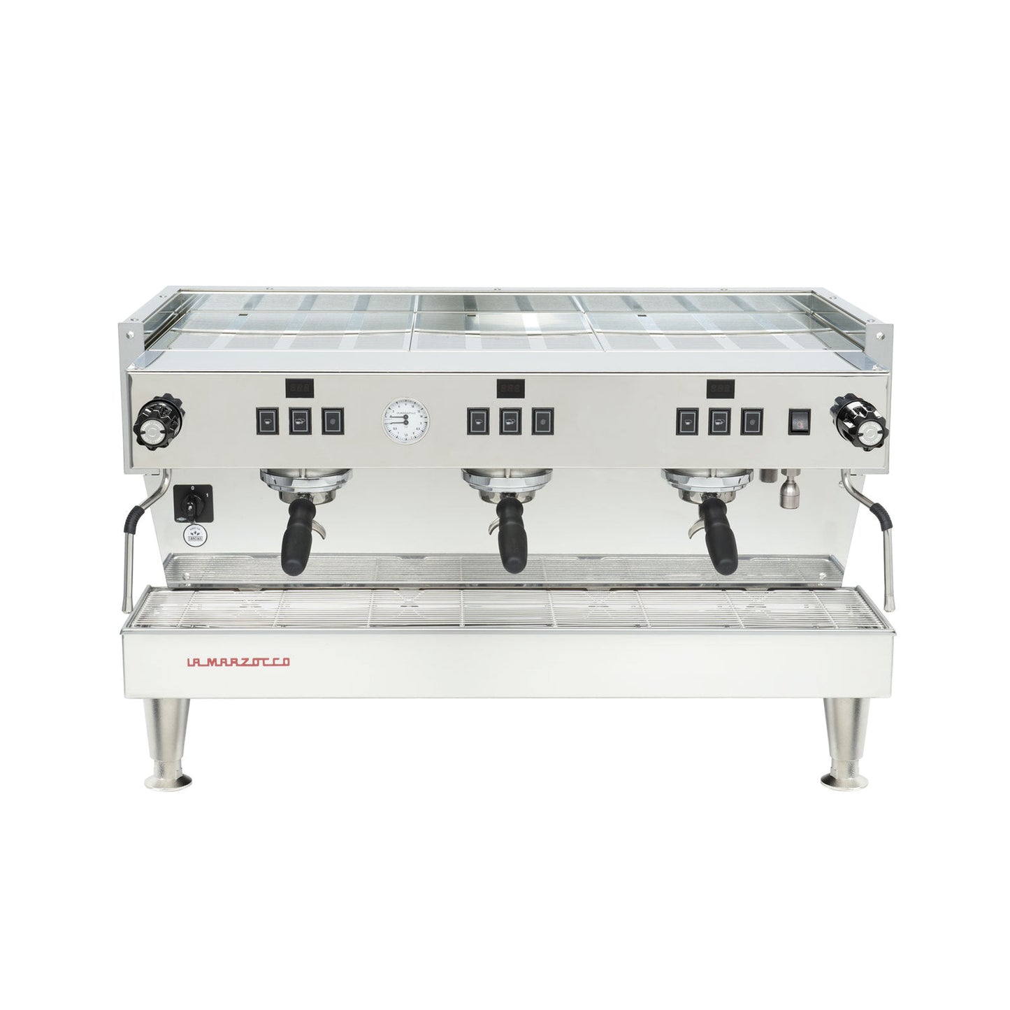 La Marzocco Linea Classic S three group commercial espresso machine, front view in stainless steel