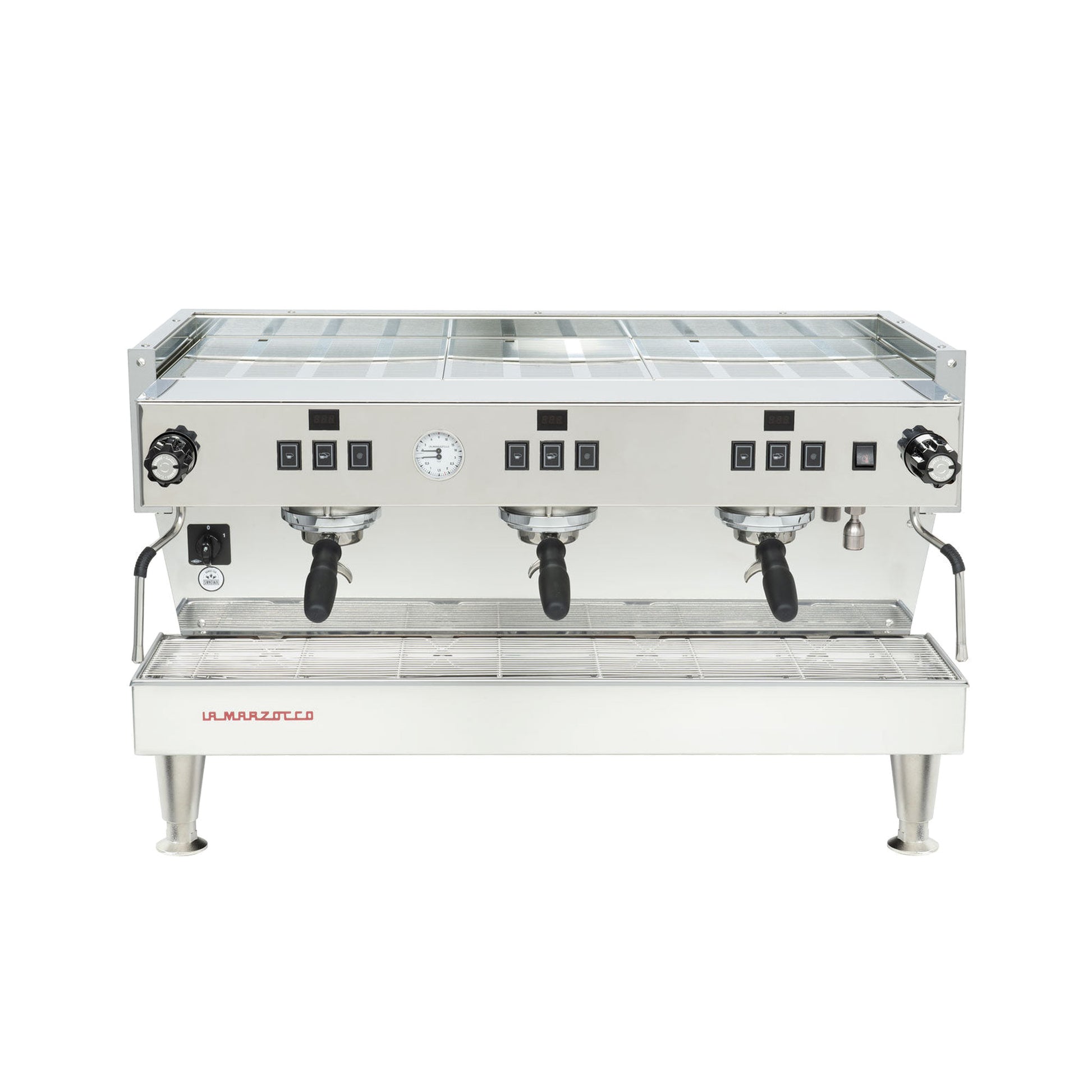La Marzocco Linea Classic S three group commercial espresso machine, front view in stainless steel