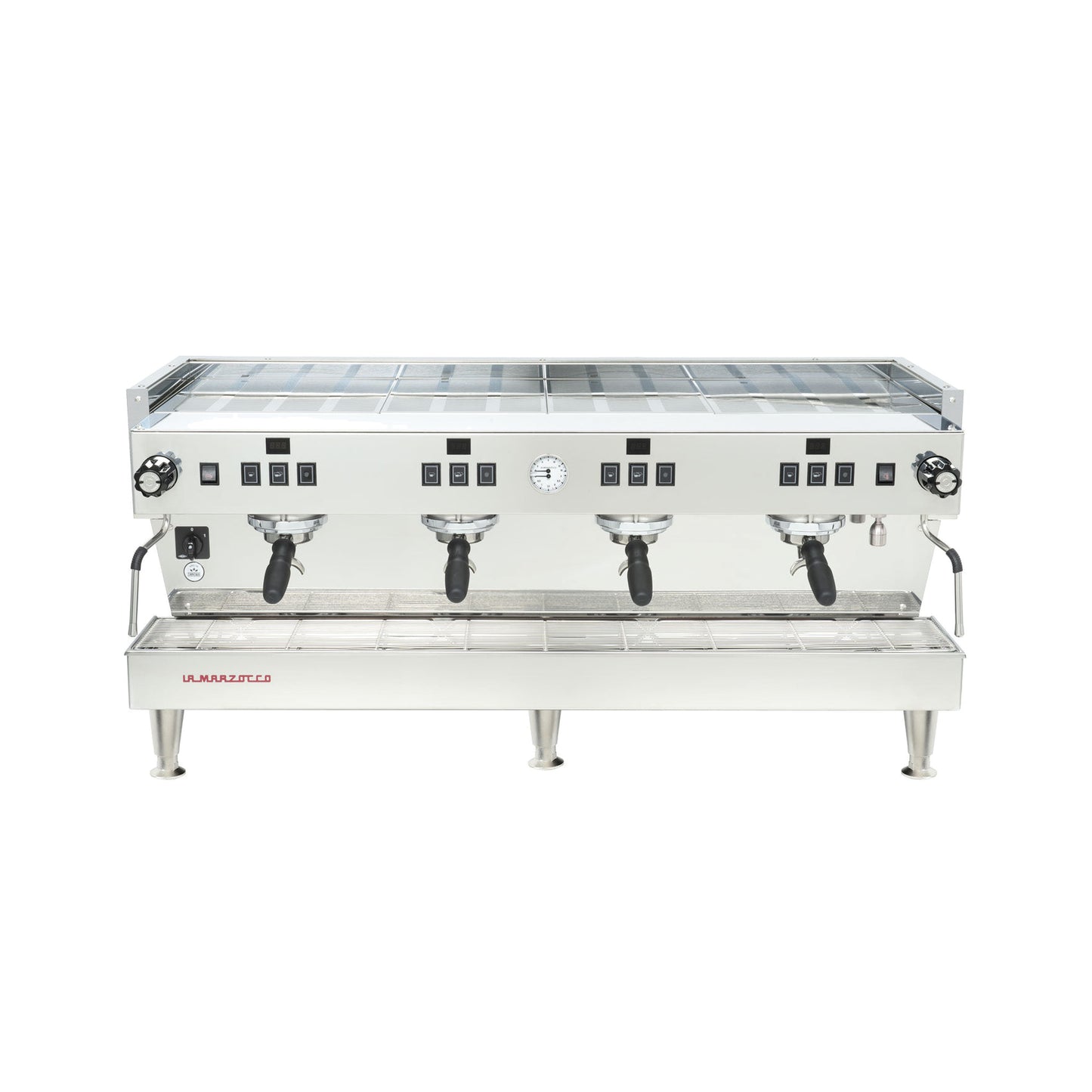 La Marzocco Linea Classic S four group commercial espresso machine, front view in stainless steel