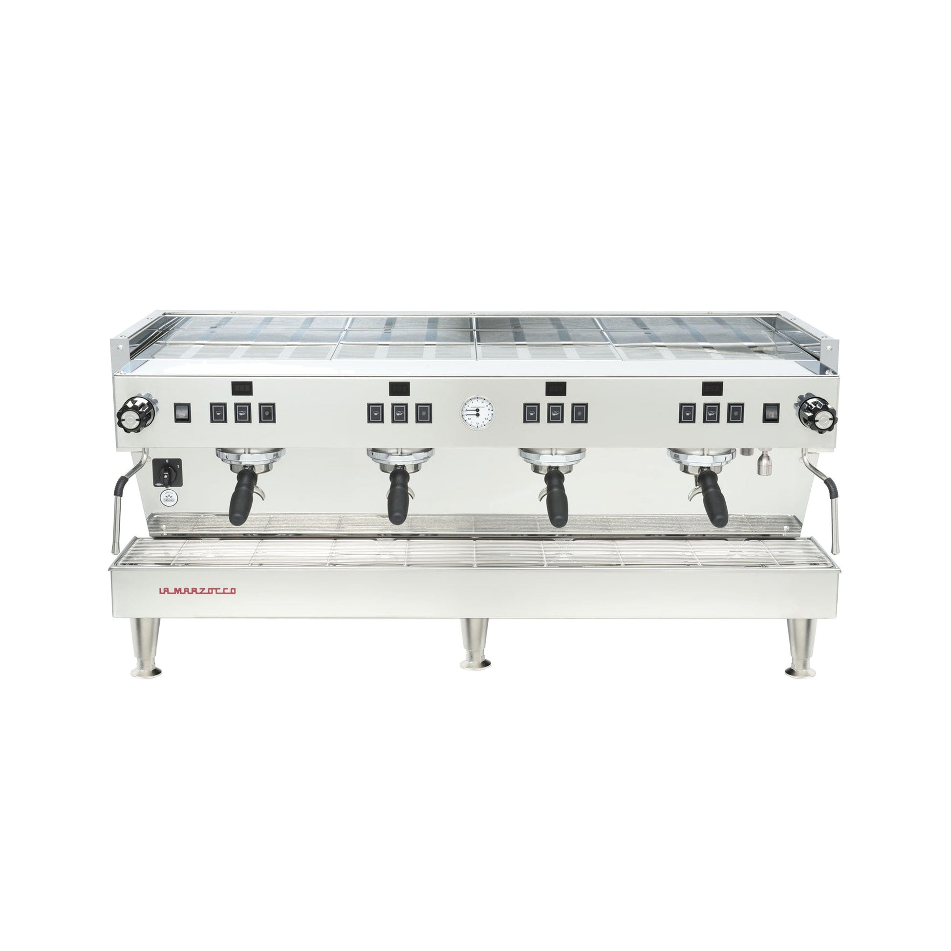 La Marzocco Linea Classic S four group commercial espresso machine, front view in stainless steel