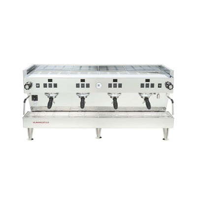 La Marzocco Linea Classic S four group commercial espresso machine, front view in stainless steel