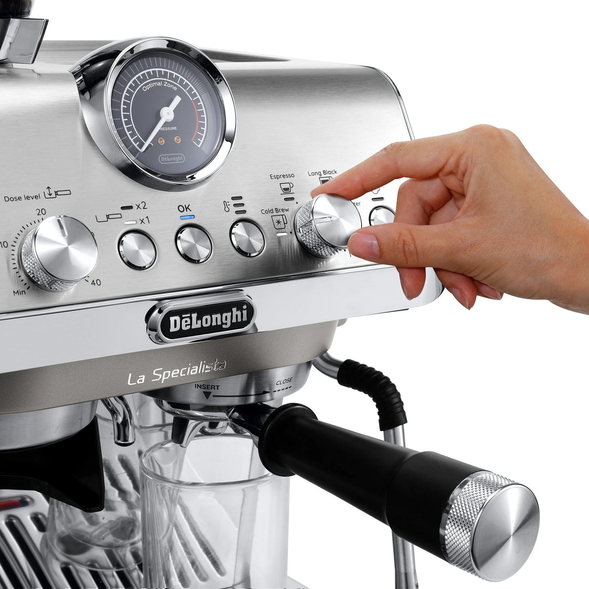 De'Longhi La Specialista Arte Evo Espresso Machine with Cold Brew in metal, control dial and pressure gauge detail