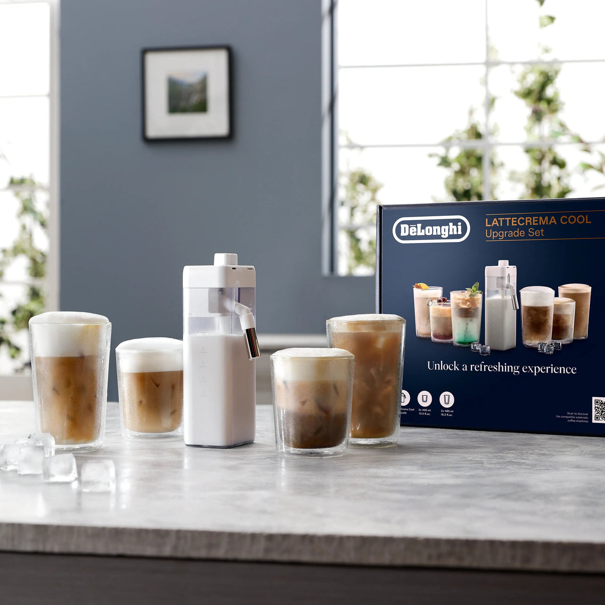 De'Longhi LatteCrema Cool Upgrade Set for Rivelia, set displayed in a kitchen