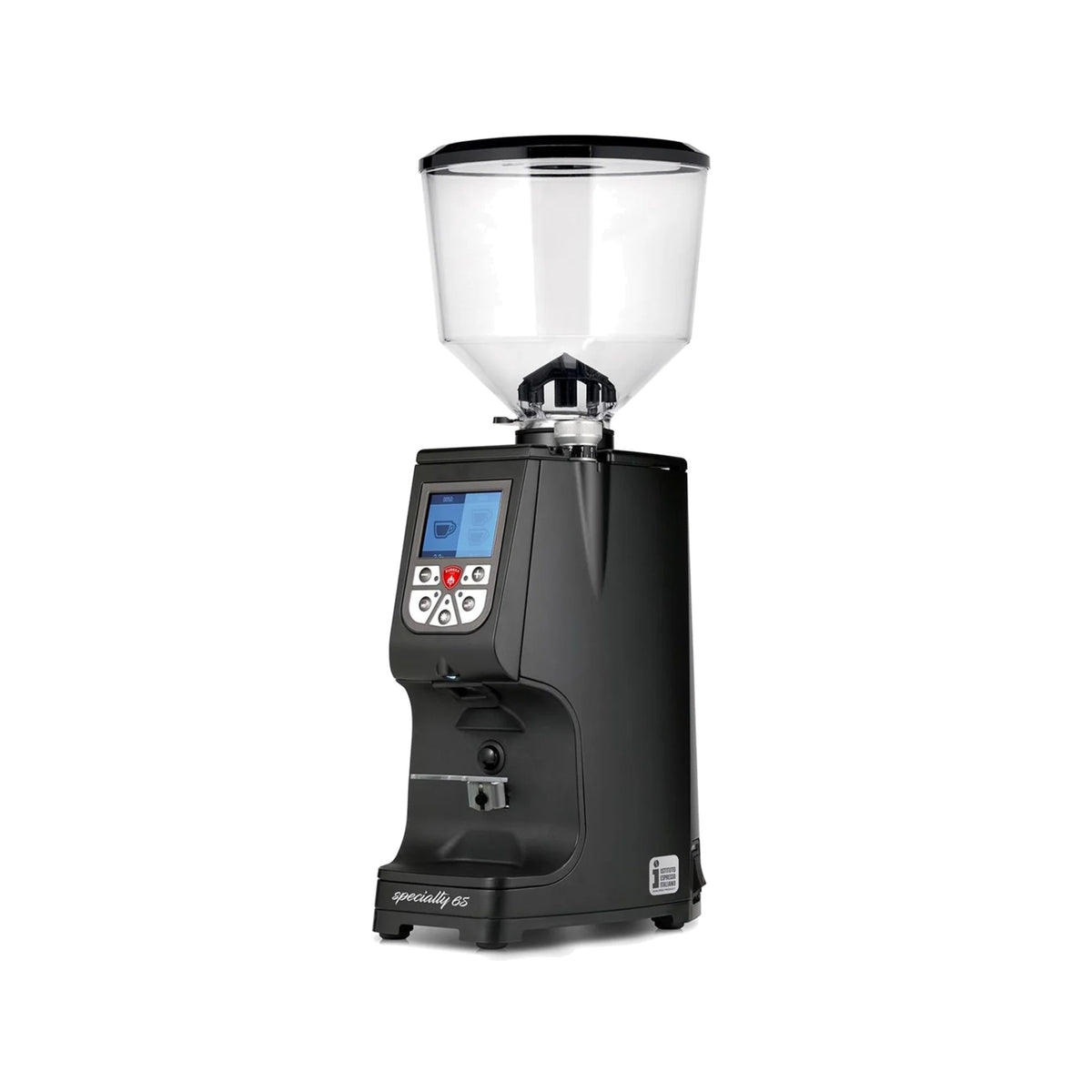 Eureka Atom Specialty 65 coffee grinder in matte black, front three-quarter view