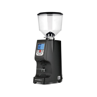 Eureka Atom Specialty 65 coffee grinder in matte black, front three-quarter view