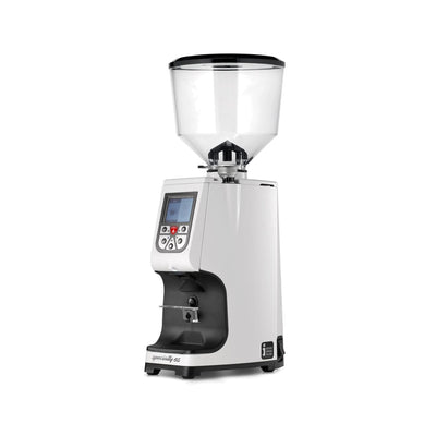 Eureka Atom Specialty 65 coffee grinder in white, front three-quarter view