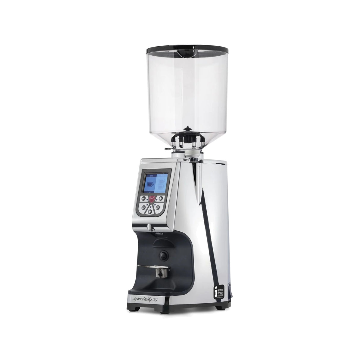 Eureka Atom Specialty 75 coffee grinder in chrome, front three-quarter view