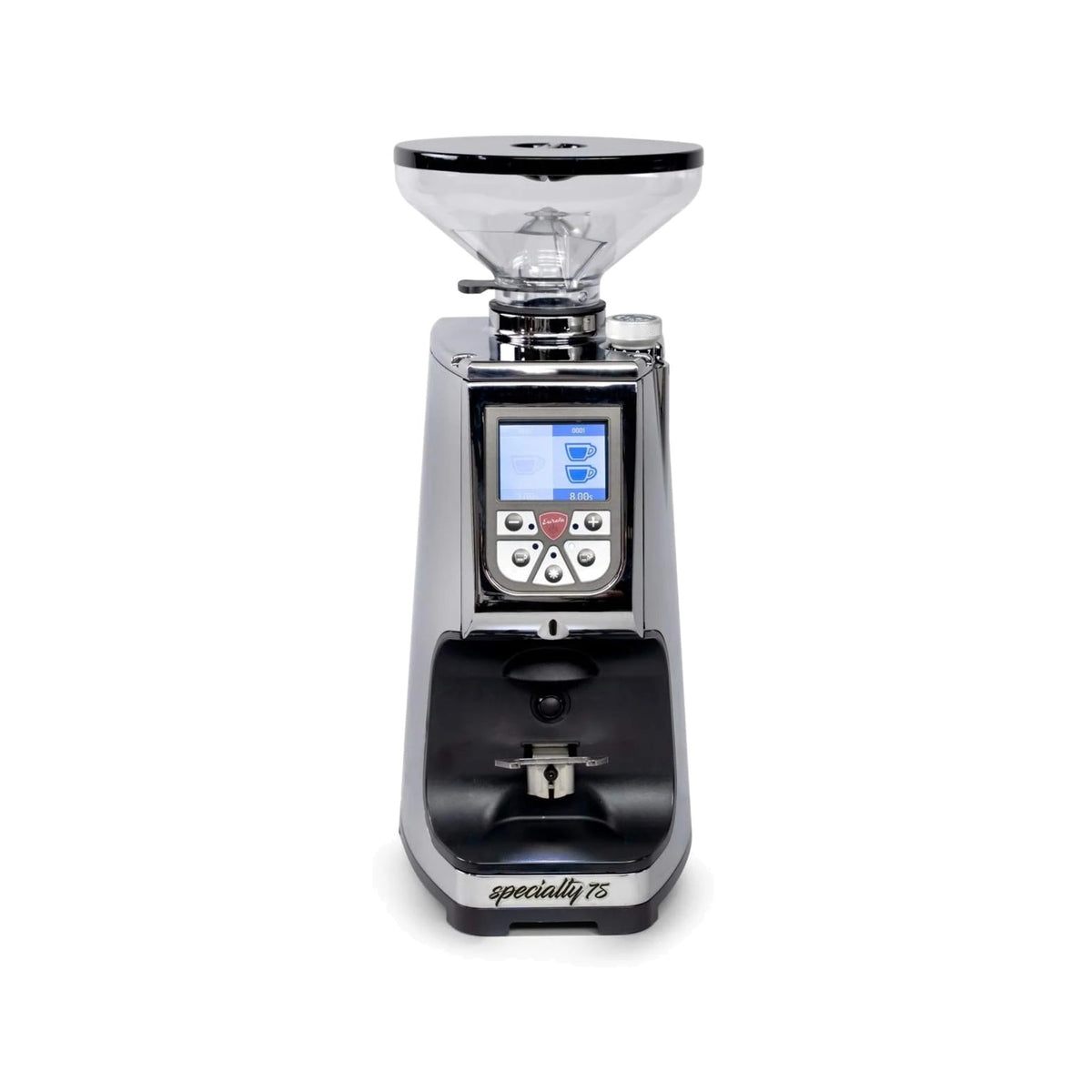 Eureka Atom Specialty 75 coffee grinder in chrome, front view with bean hopper
