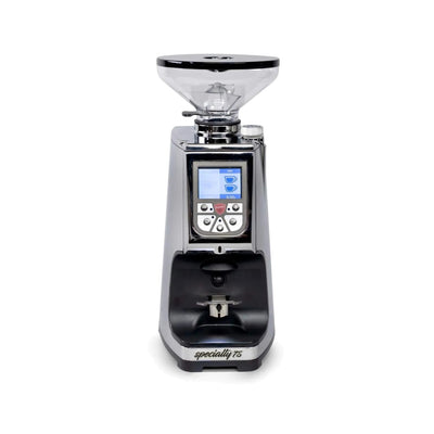 Eureka Atom Specialty 75 coffee grinder in chrome, front view with bean hopper