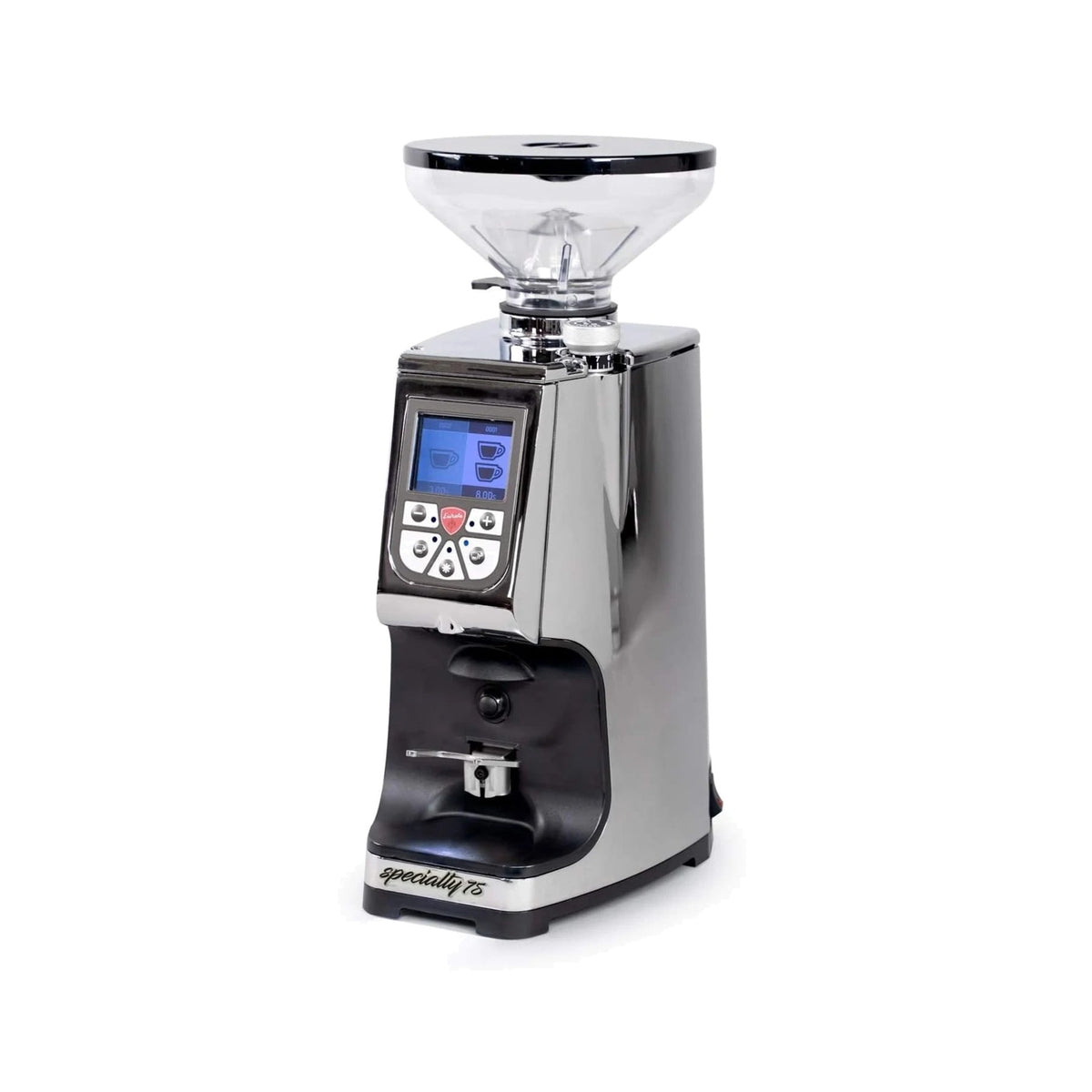 Eureka Atom Specialty 75 coffee grinder in chrome, angled view showing display