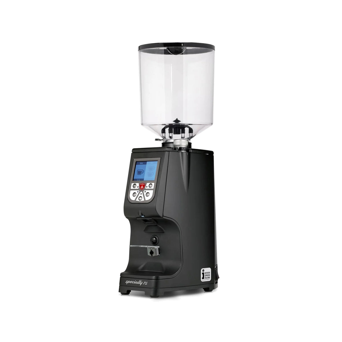 Eureka Atom Specialty 75 coffee grinder in matte black, front three-quarter view