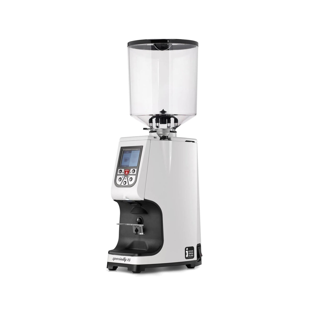 Eureka Atom Specialty 75 coffee grinder in white, front three-quarter view