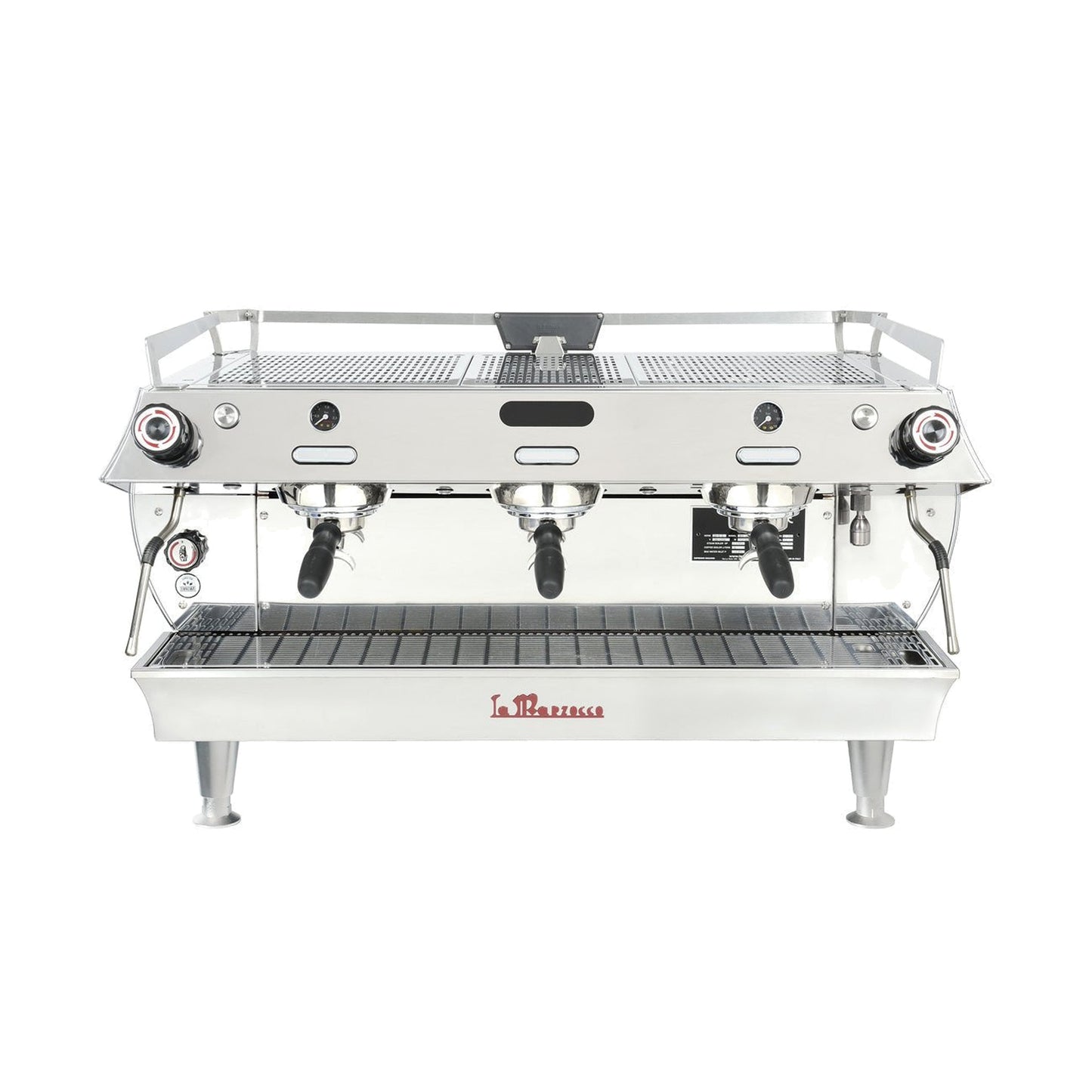 La Marzocco GB5 S three group commercial espresso machine, front view in stainless steel