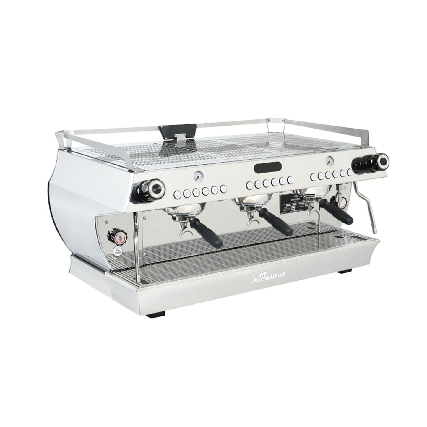 La Marzocco GB5 X three group commercial espresso machine, front three-quarter view in stainless steel