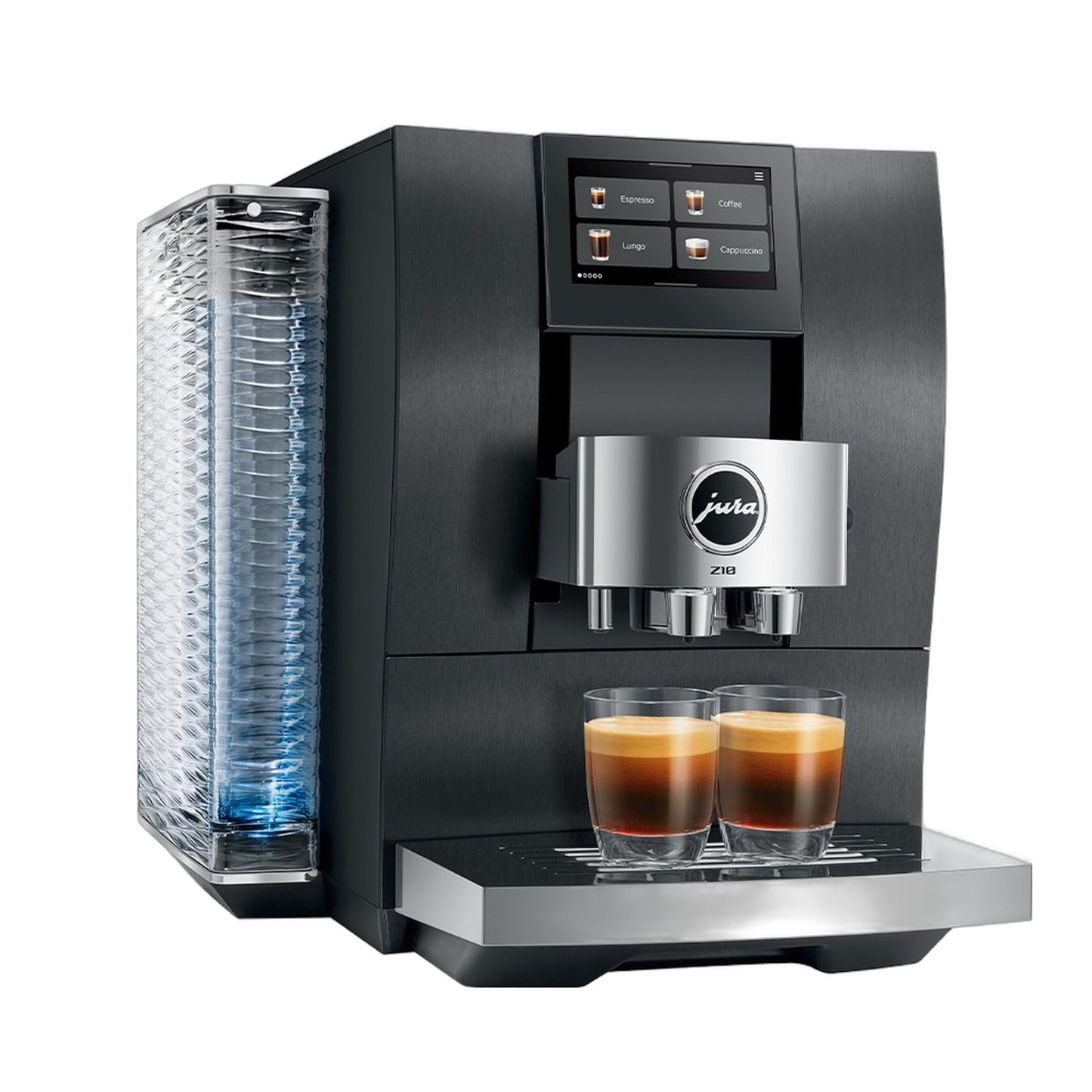 Jura Z10 Gen 2 Automatic Espresso Machine in aluminum black, three-quarter side view with two espressos