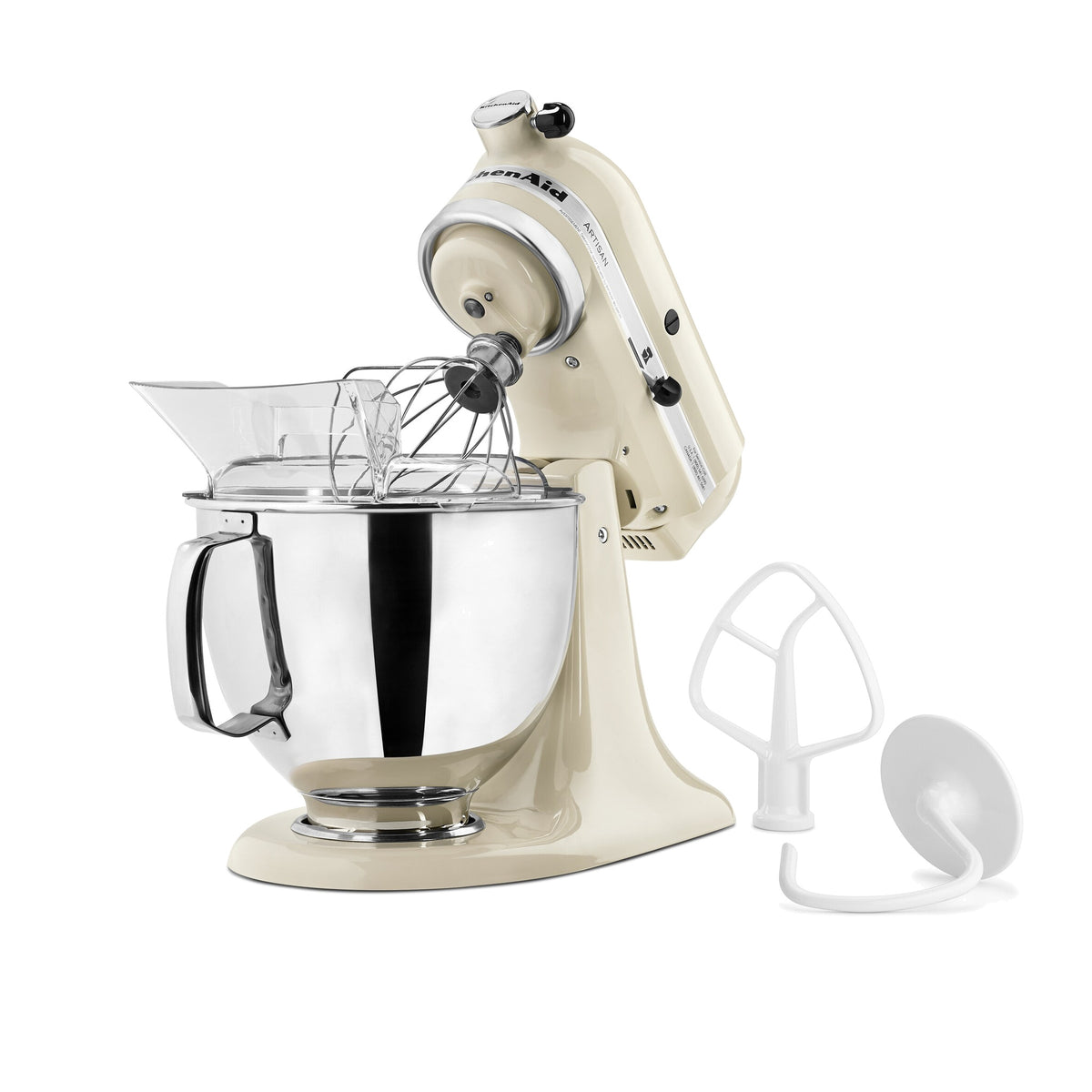 KitchenAid Artisan Series 5-Quart Tilt-Head Stand Mixer in almond cream, tilted head with wire whip and flat beater attachments