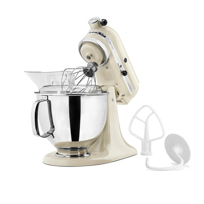 KitchenAid Artisan Series 5-Quart Tilt-Head Stand Mixer in almond cream, tilted head with wire whip and flat beater attachments