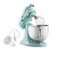 KitchenAid Artisan Series 5-Quart Tilt-Head Stand Mixer in aqua sky, tilted head with wire whip and flat beater attachments