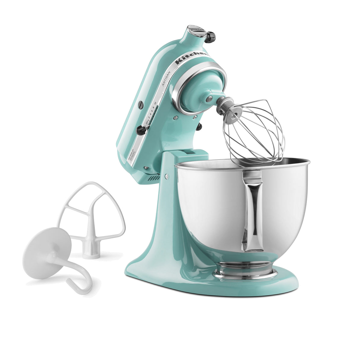 KitchenAid Artisan Series 5-Quart Tilt-Head Stand Mixer in aqua sky, tilted head with wire whip and flat beater attachments