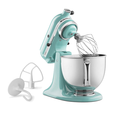 KitchenAid Artisan Series 5-Quart Tilt-Head Stand Mixer in aqua sky, tilted head with wire whip and flat beater attachments