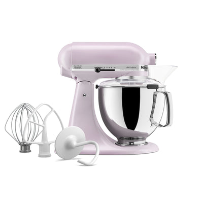 KitchenAid Artisan Series 5-Quart Tilt-Head Stand Mixer in wildflower, shown with the wire whip, flat beater and dough hook attachments