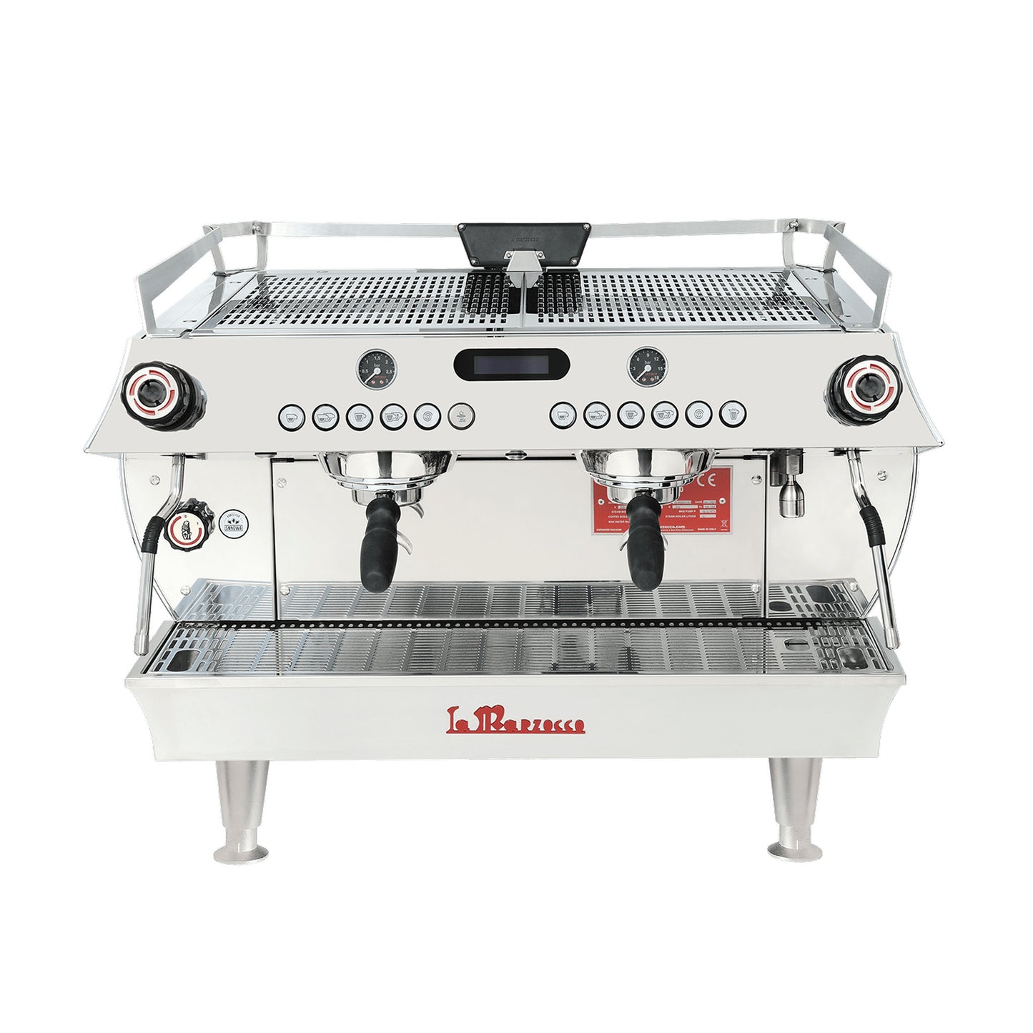 La Marzocco GB5 S two group commercial espresso machine, front view in stainless steel