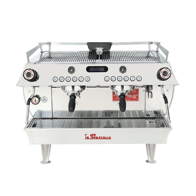 La Marzocco GB5 S two group commercial espresso machine, front view in stainless steel