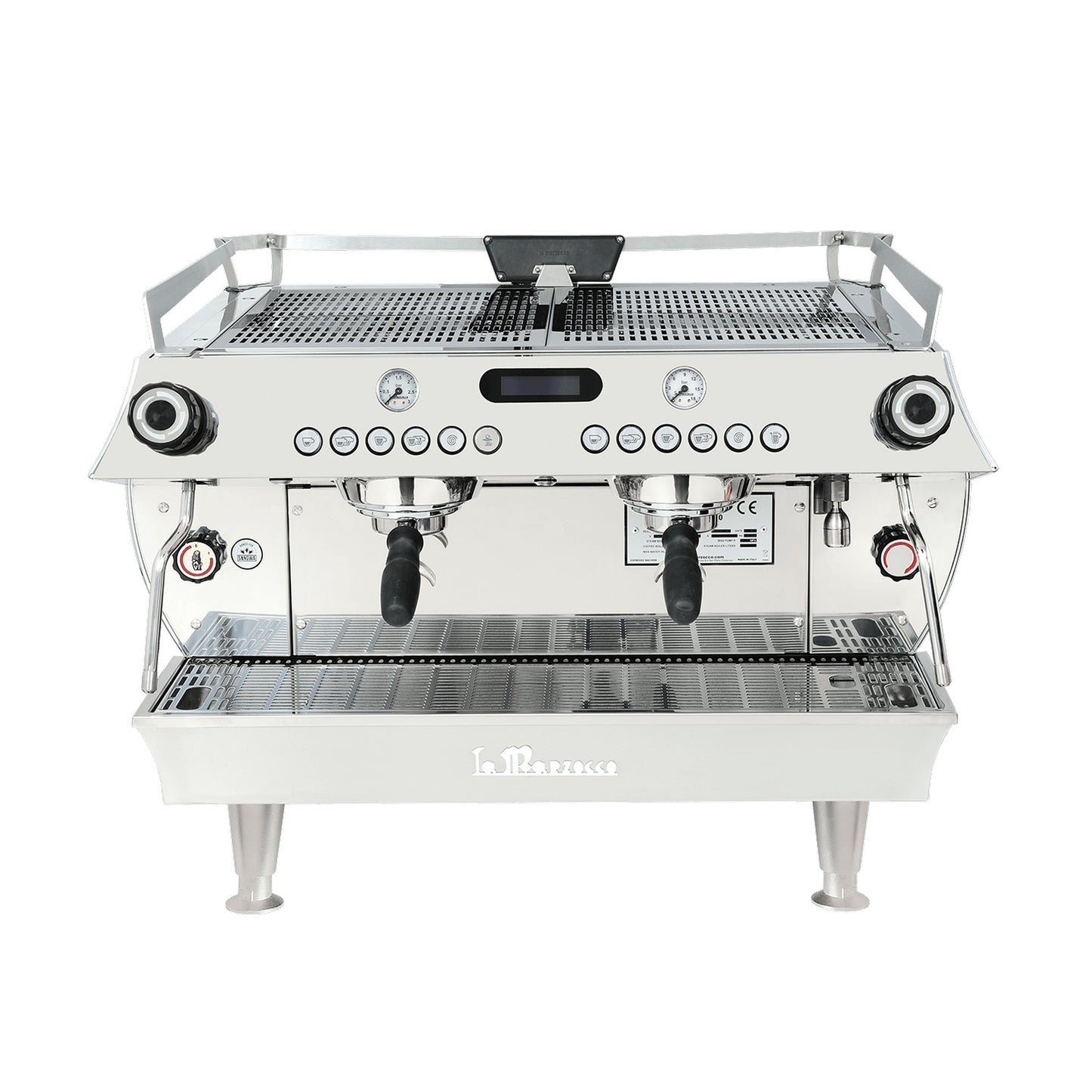 La Marzocco GB5 X two group commercial espresso machine, front view in stainless steel