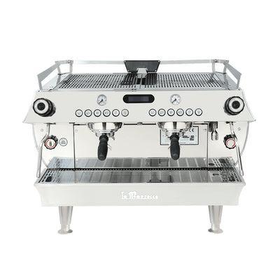 La Marzocco GB5 X two group commercial espresso machine, front view in stainless steel