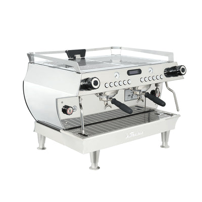 La Marzocco GB5 X two group commercial espresso machine, three-quarter front view