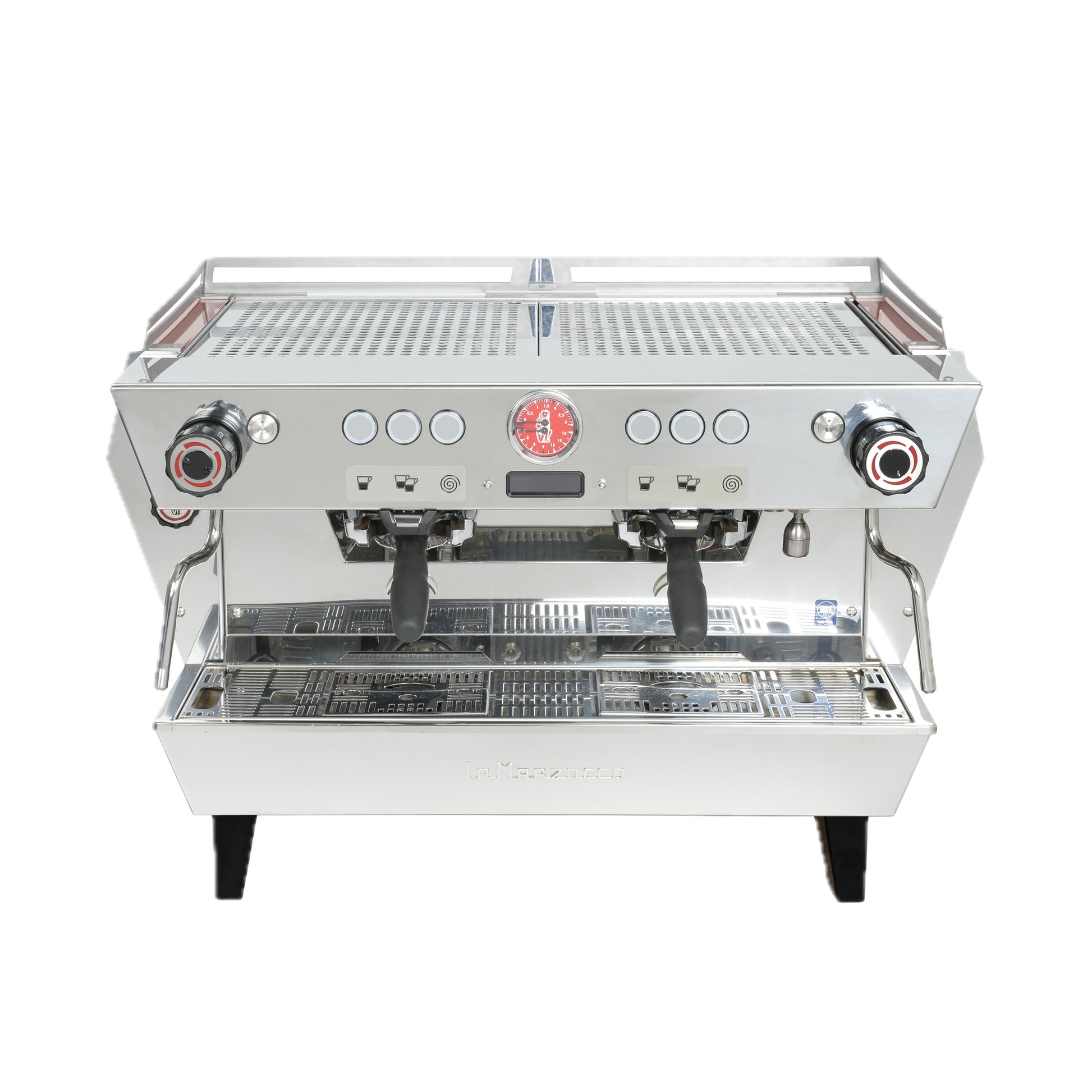 La Marzocco KB90 two group commercial espresso machine with straight-in portafilters, front view
