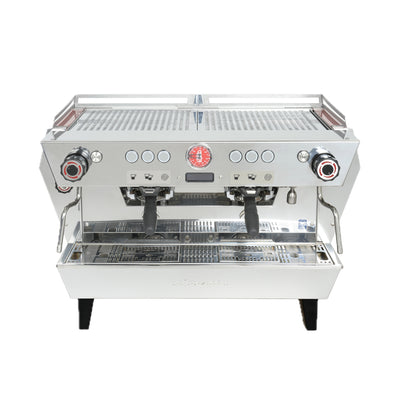 La Marzocco KB90 two group commercial espresso machine with straight-in portafilters, front view