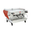 La Marzocco KB90 two group commercial espresso machine in red, angled view showing the straight-in group heads
