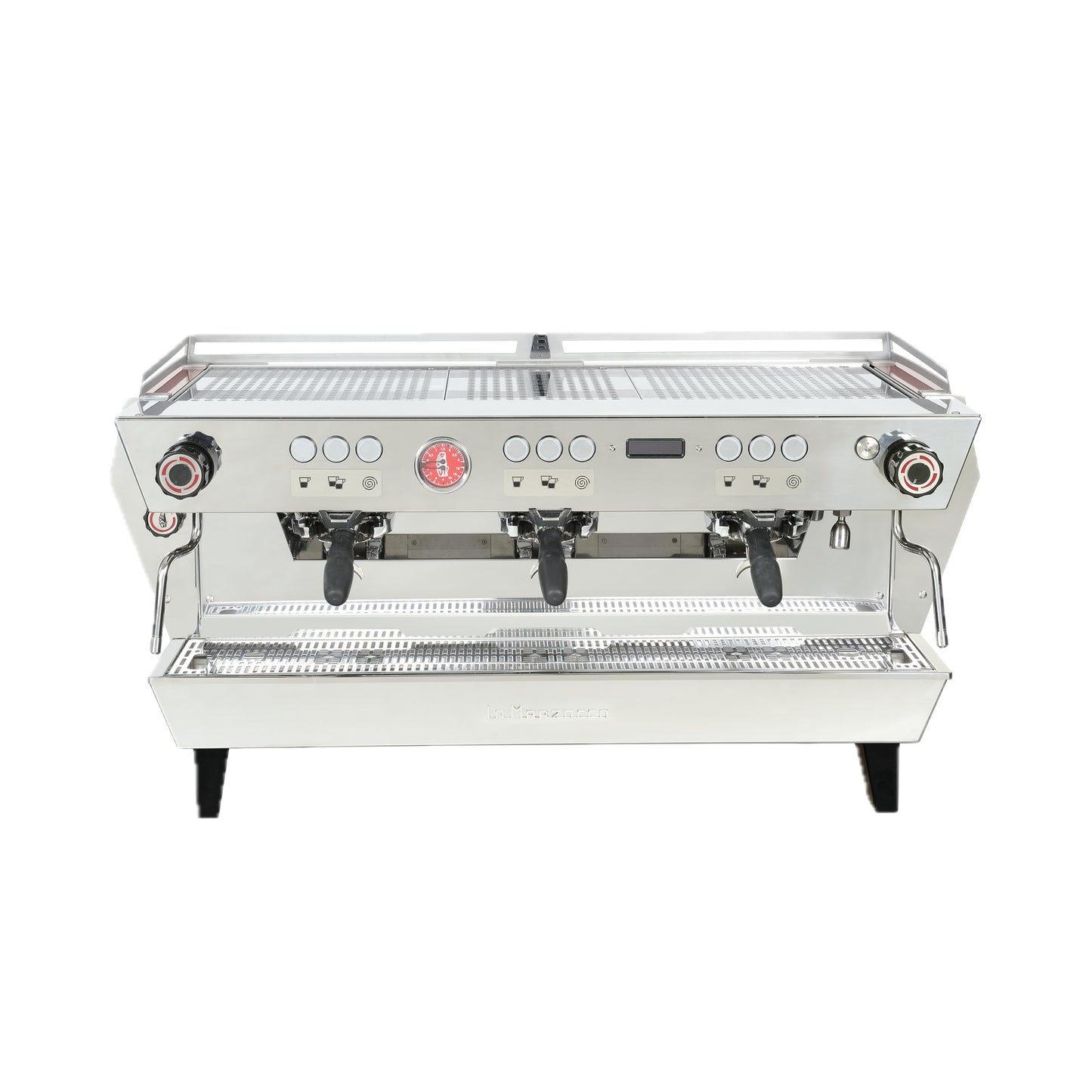 La Marzocco KB90 three group commercial espresso machine with straight-in portafilters, front view