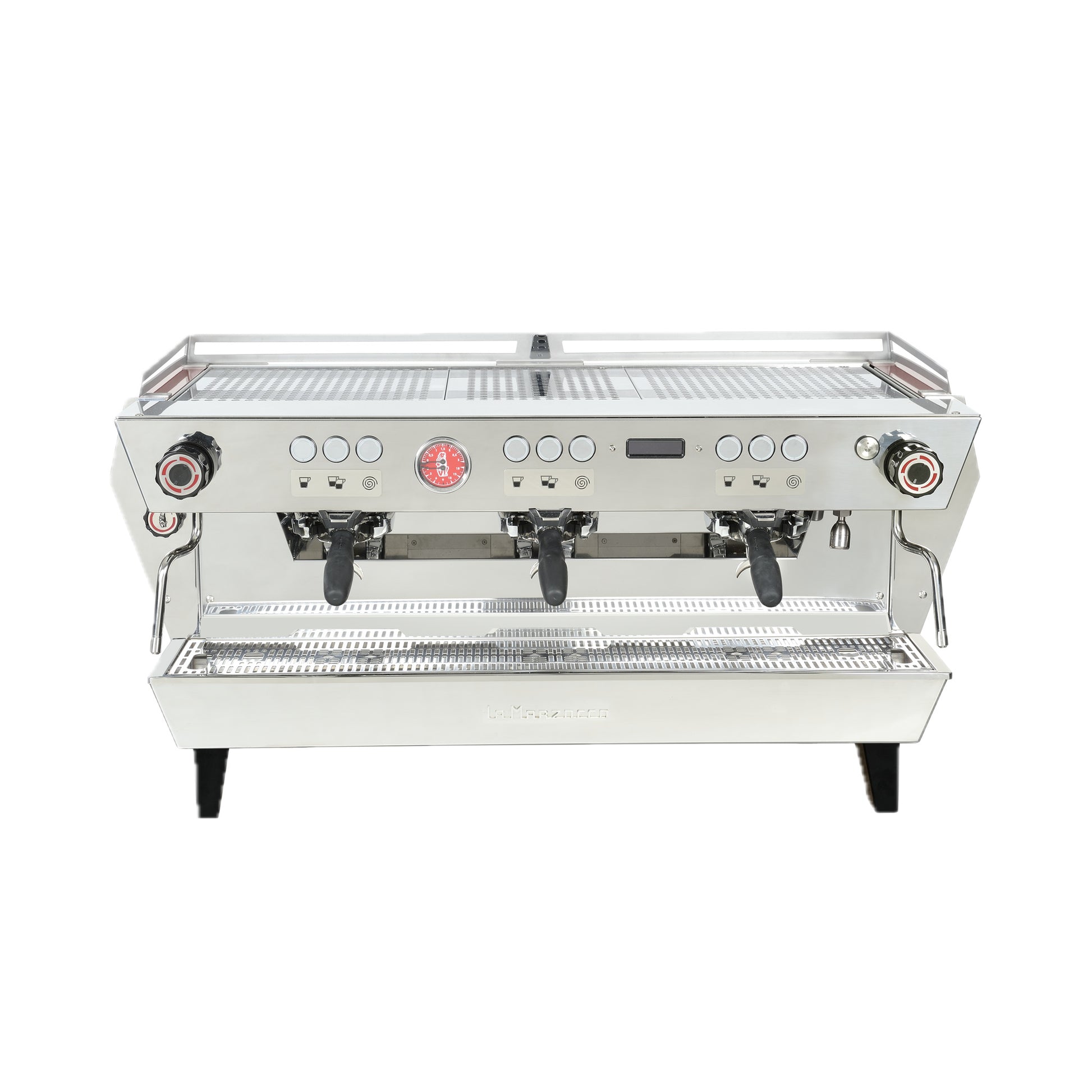 La Marzocco KB90 three group commercial espresso machine with straight-in portafilters, front view