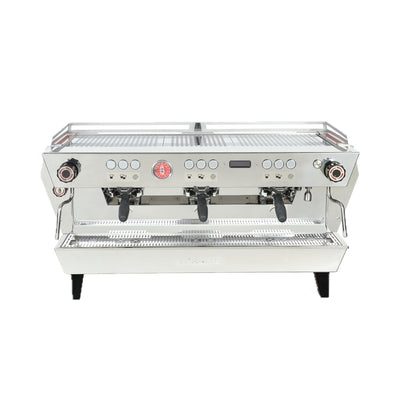 La Marzocco KB90 three group commercial espresso machine with straight-in portafilters, front view