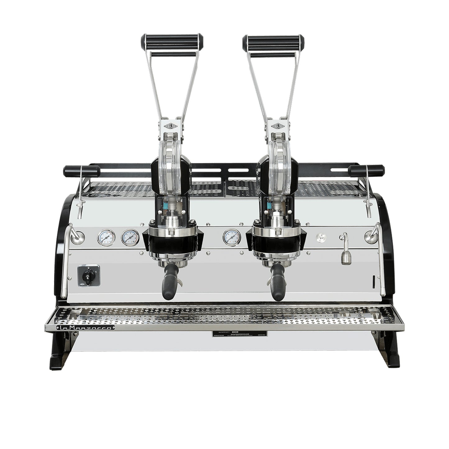 La Marzocco Leva S two group commercial lever espresso machine, front view showing the spring lever groups