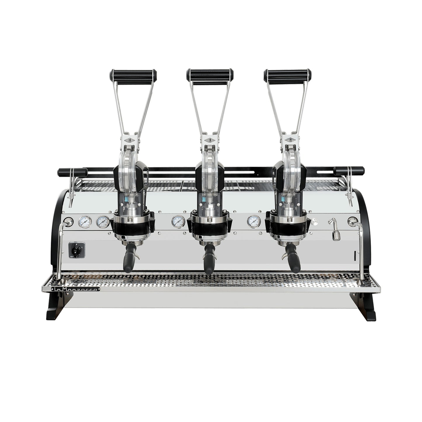 La Marzocco Leva S three group commercial lever espresso machine, front view showing the spring lever groups