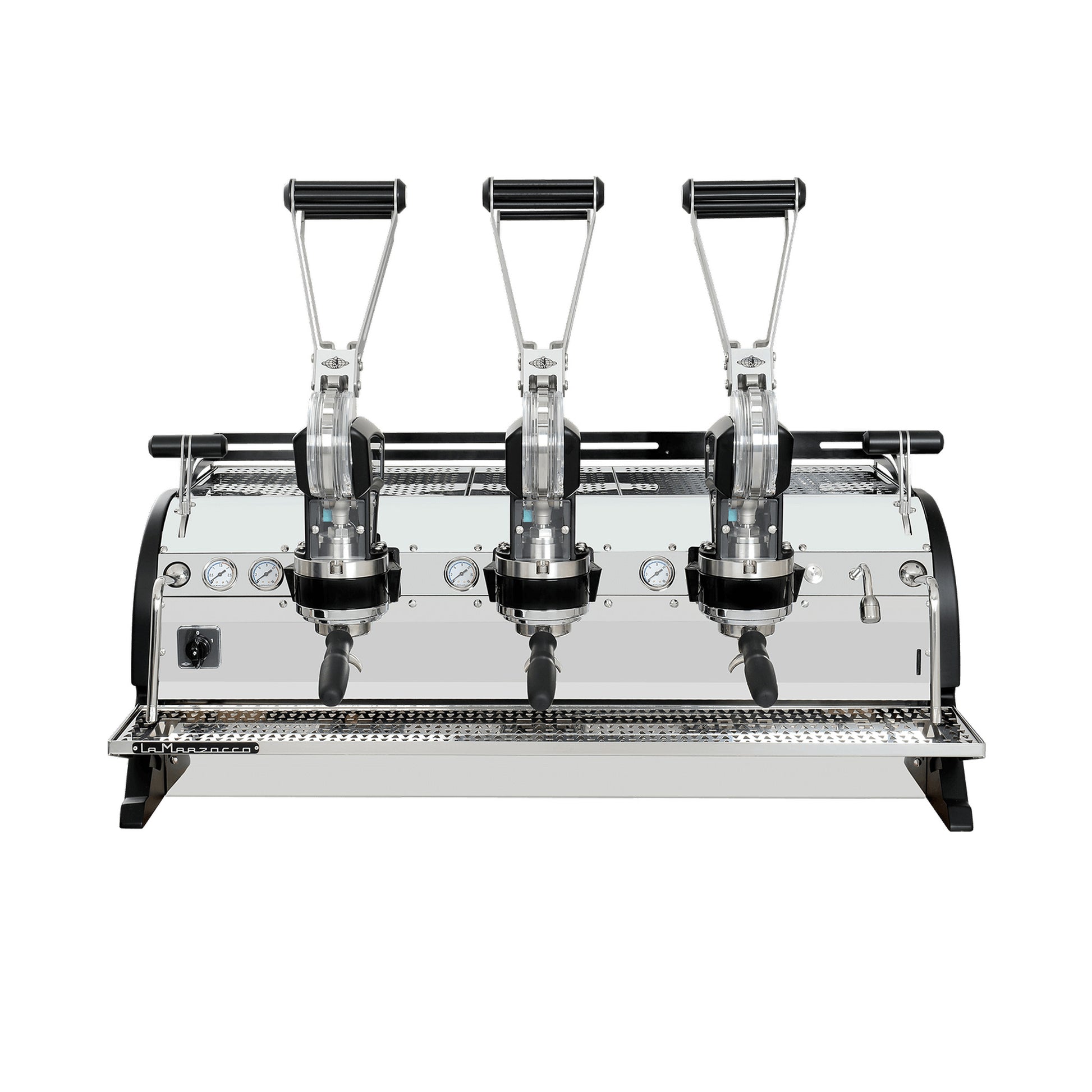 La Marzocco Leva S three group commercial lever espresso machine, front view showing the spring lever groups