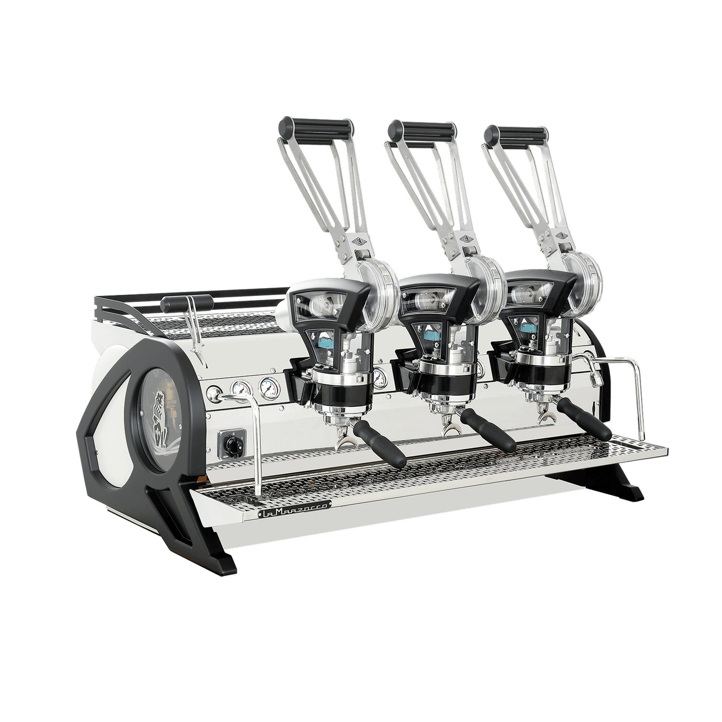 La Marzocco Leva S three group commercial lever espresso machine, angled view