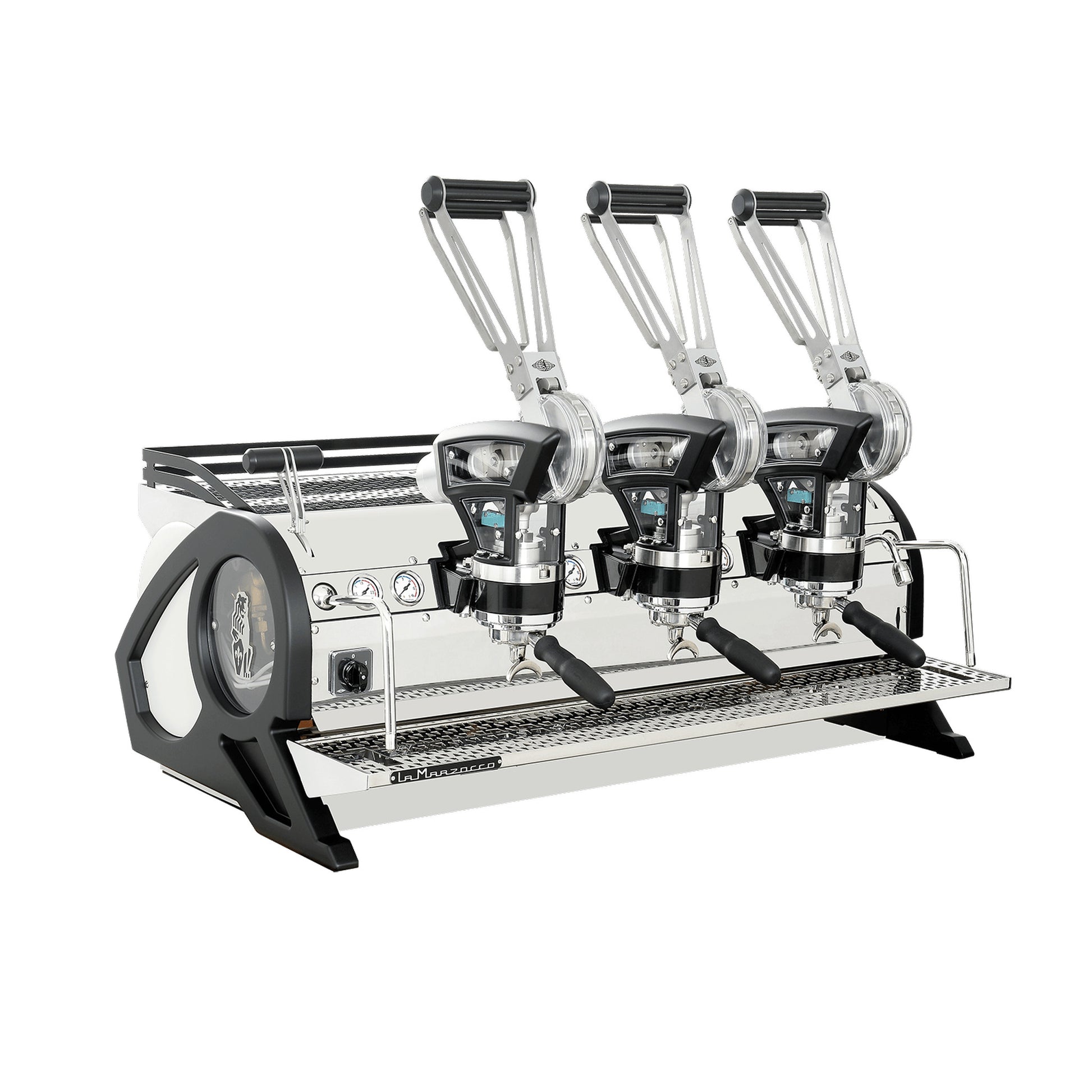 La Marzocco Leva S three group commercial lever espresso machine, angled view