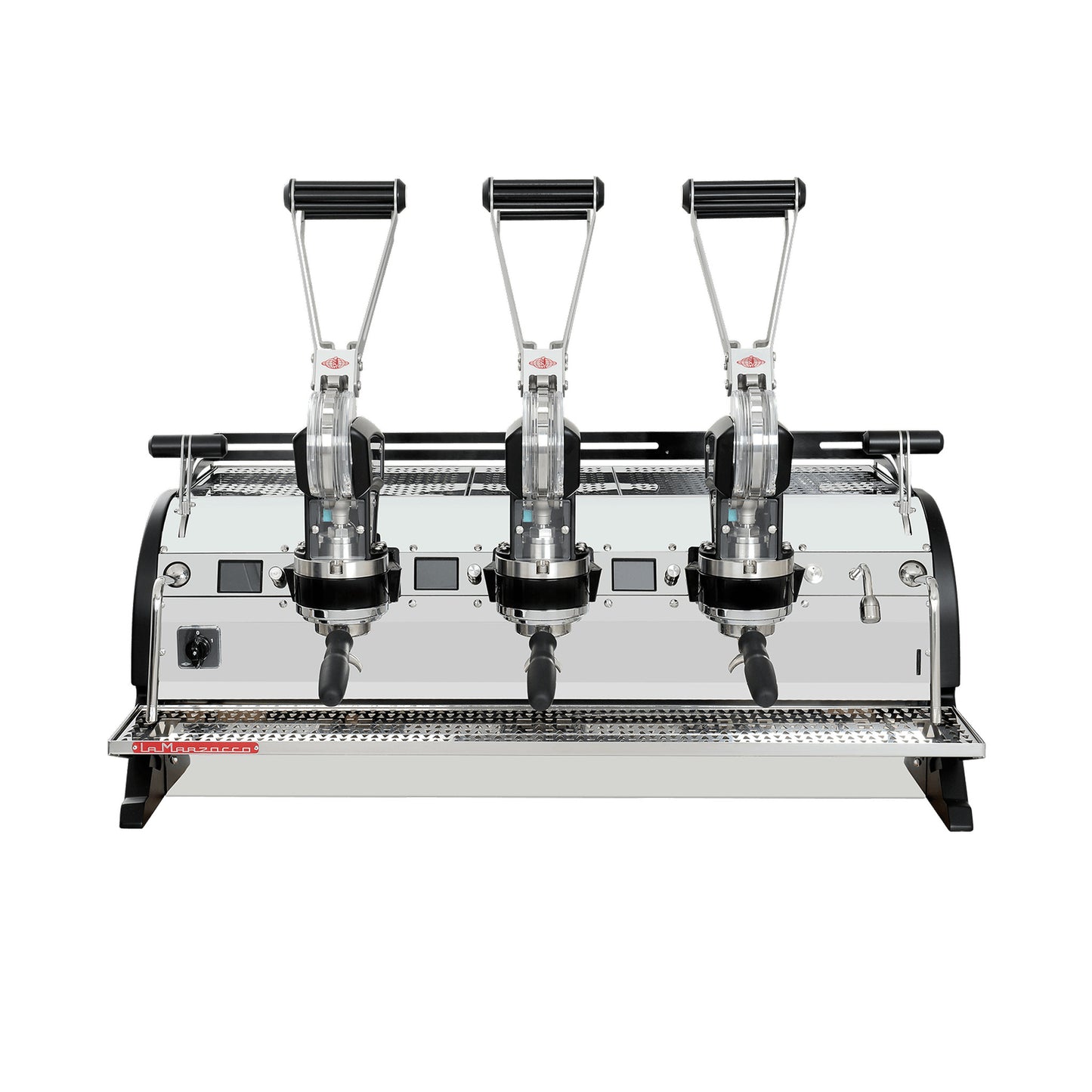 La Marzocco Leva X three group commercial lever espresso machine, front view showing the spring lever groups and per-group displays