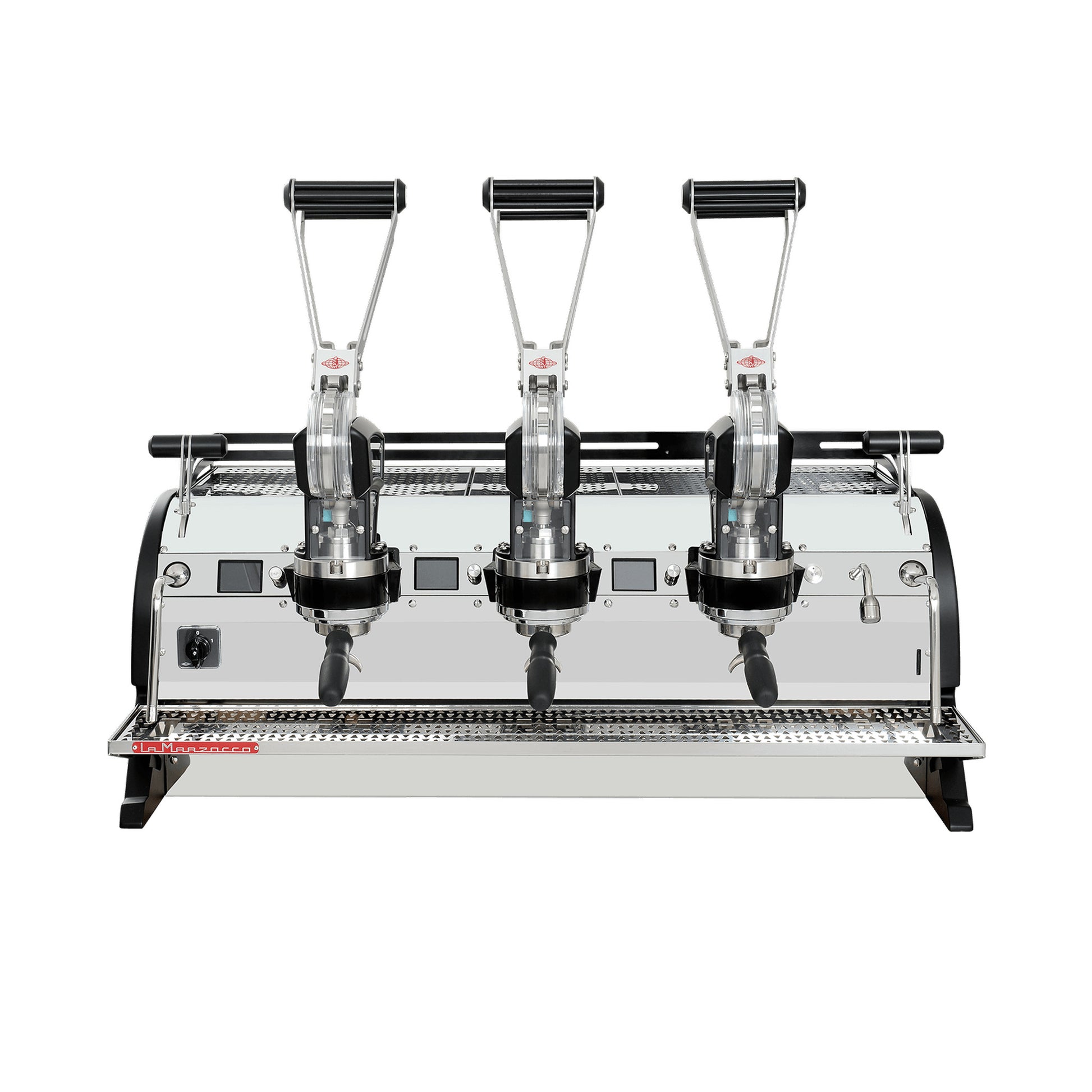 La Marzocco Leva X three group commercial lever espresso machine, front view showing the spring lever groups and per-group displays