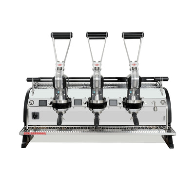 La Marzocco Leva X three group commercial lever espresso machine, front view showing the spring lever groups and per-group displays