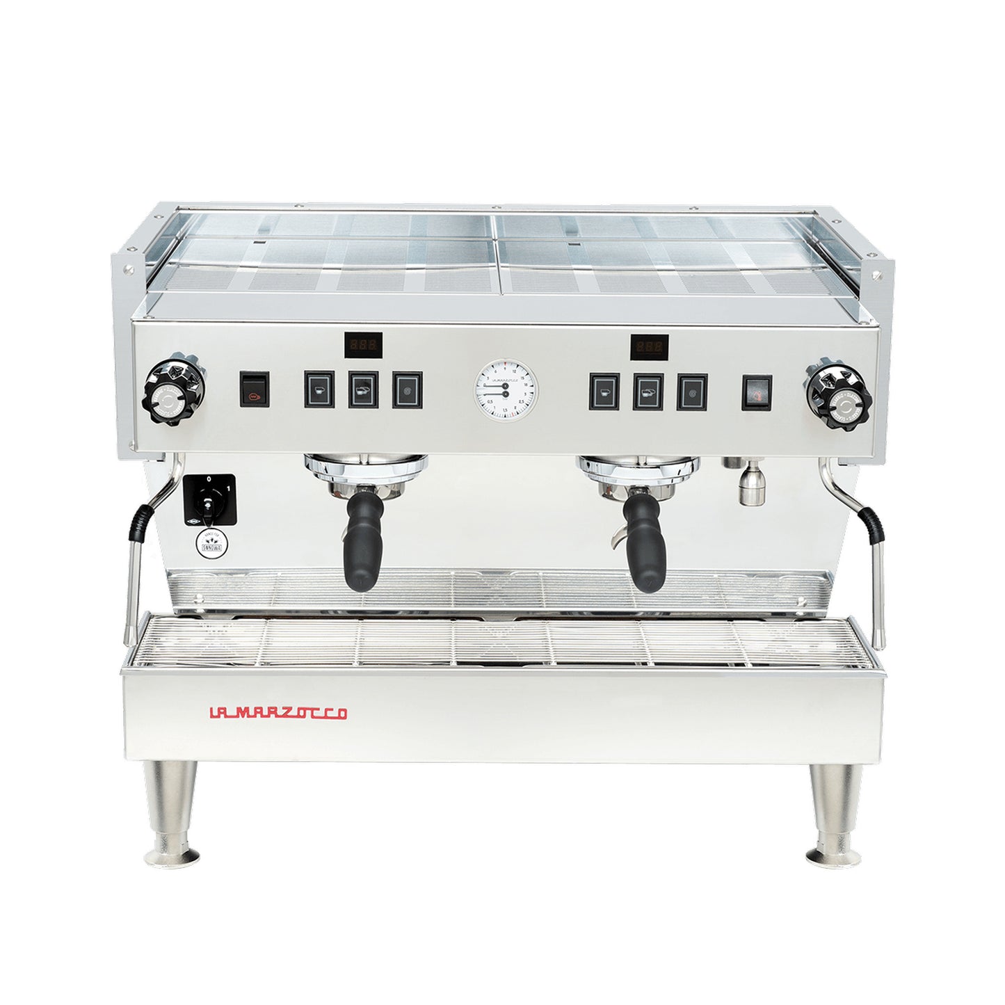La Marzocco Linea Classic S two group commercial espresso machine, front view in stainless steel