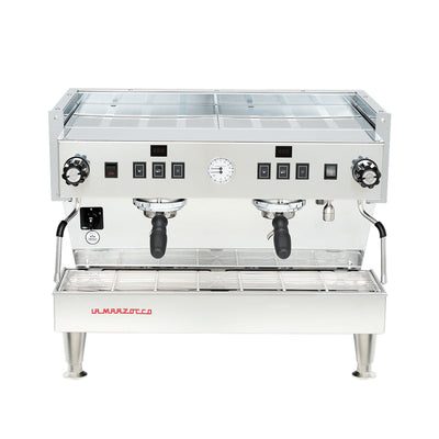 La Marzocco Linea Classic S two group commercial espresso machine, front view in stainless steel