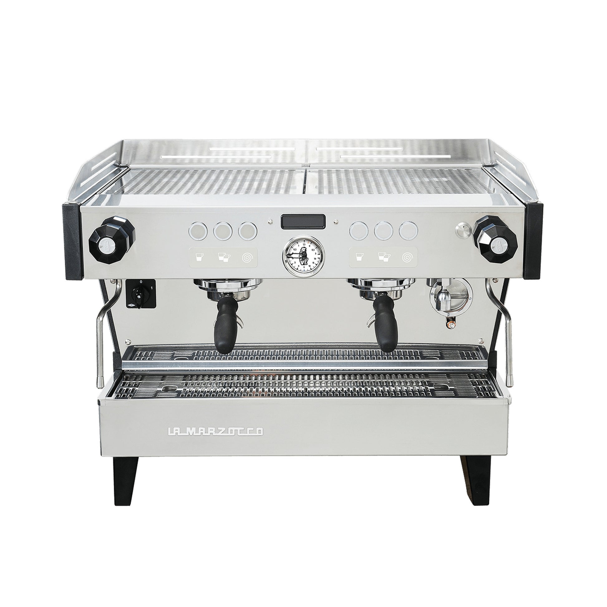 La Marzocco Linea PBX two group commercial espresso machine, front view in stainless steel