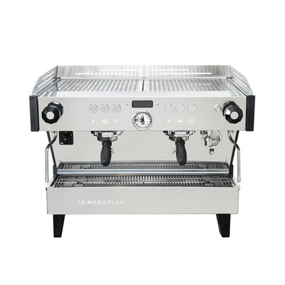 La Marzocco Linea PBX two group commercial espresso machine, front view in stainless steel