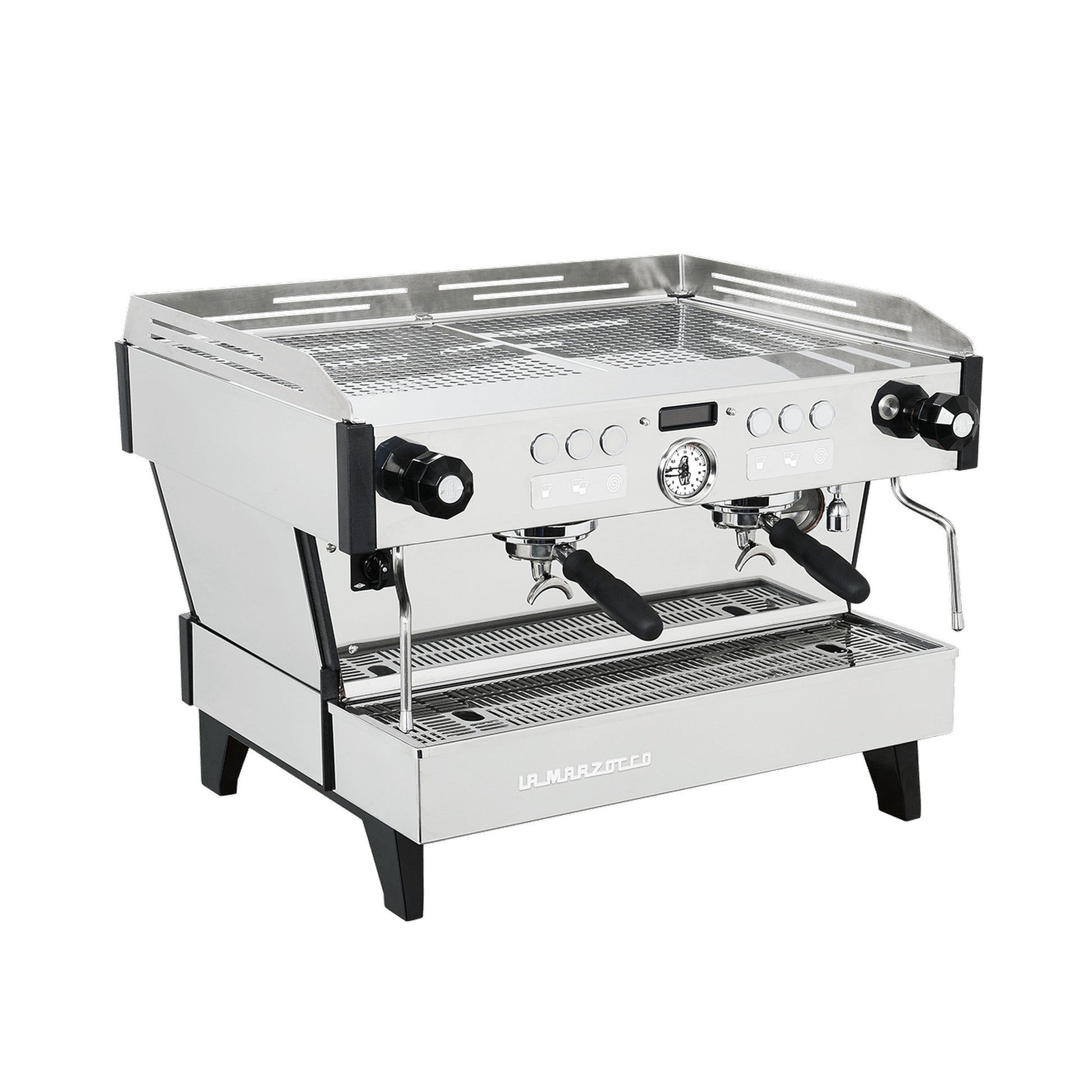 La Marzocco Linea PBX two group commercial espresso machine, angled view showing the group heads and steam wands