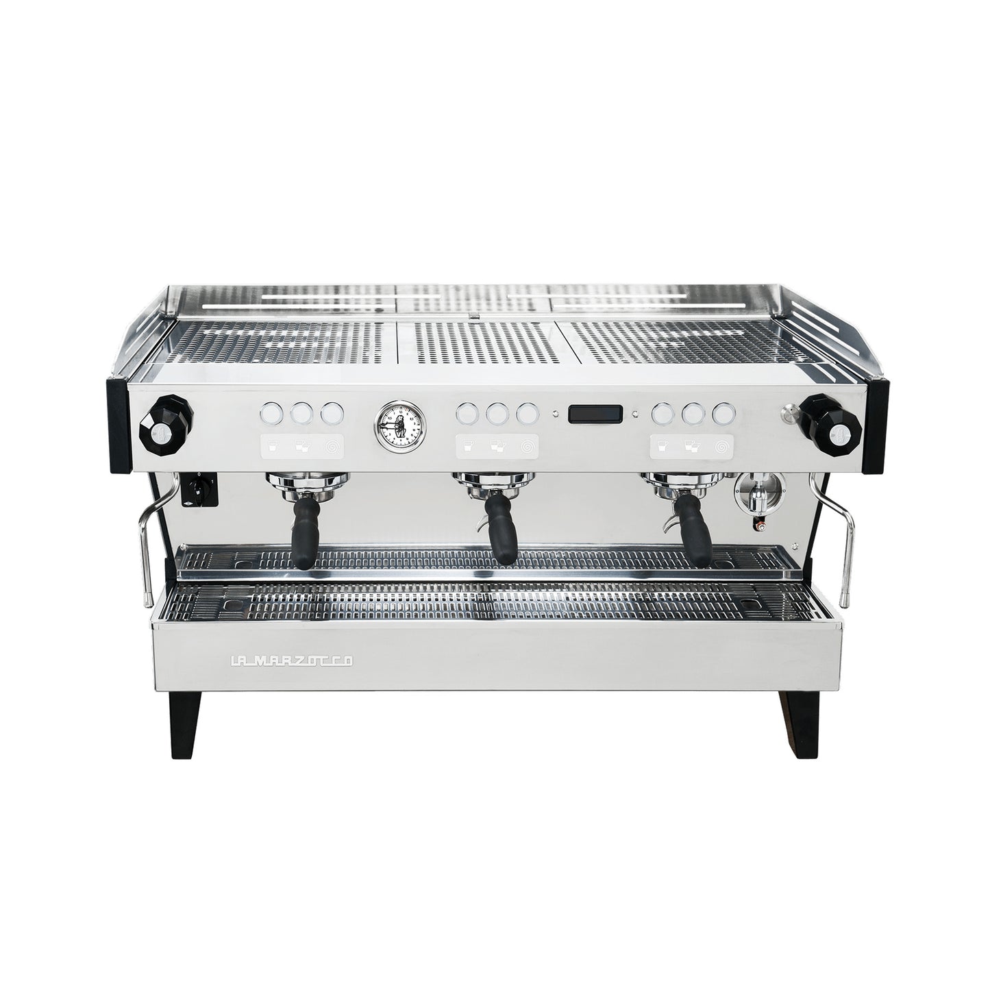 La Marzocco Linea PBX three group commercial espresso machine, front view in stainless steel
